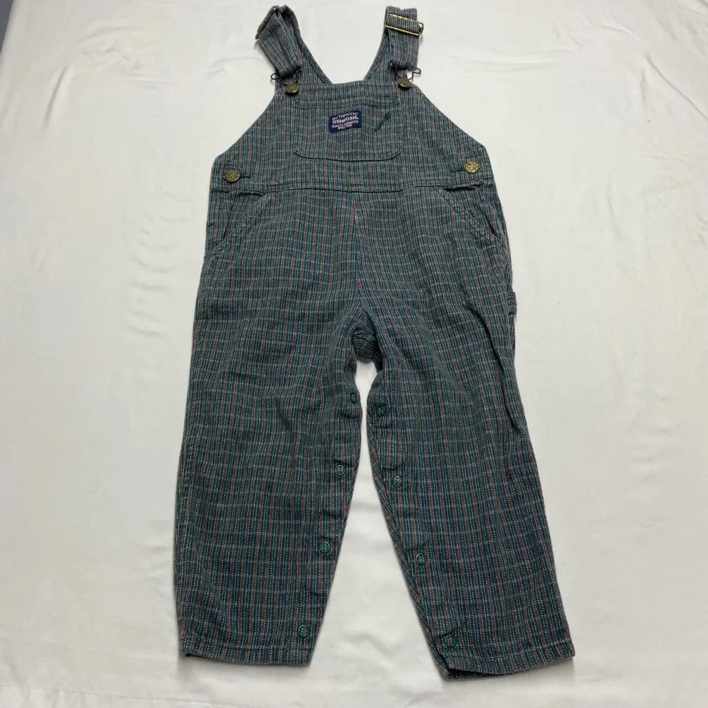Vintage OshKosh Bgosh Toddler 3T Striped Cotton Bib Overalls Green Red Blue